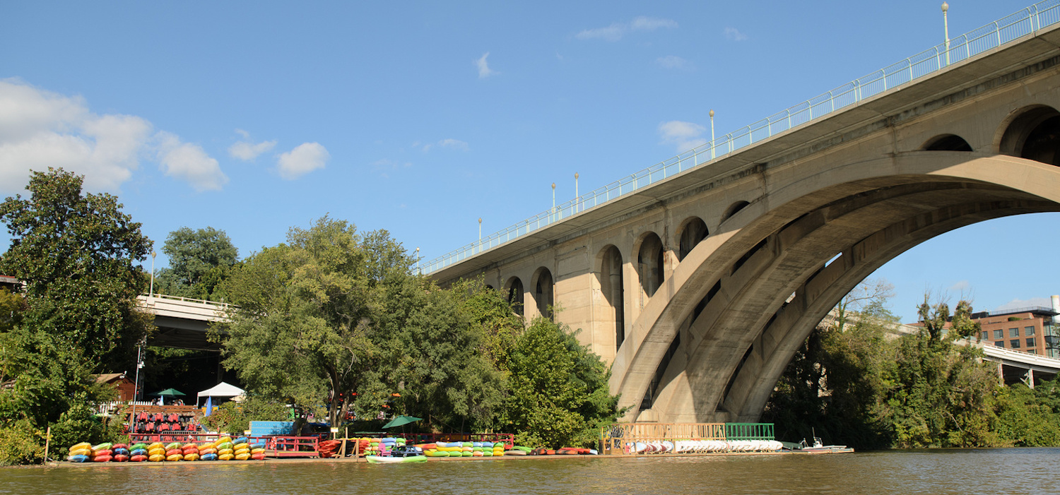 Stacked kayaked below the Key Bridge Boating in DC Kayaking, Paddling